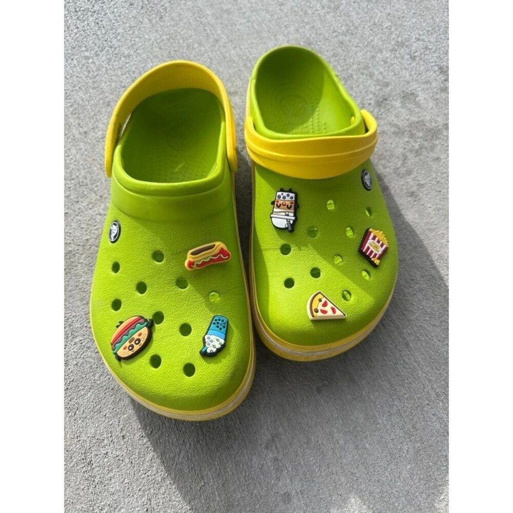 Lime Green Crocs Clogs with Yellow Straps + Food Jibbitz Charms Adult M9 W11